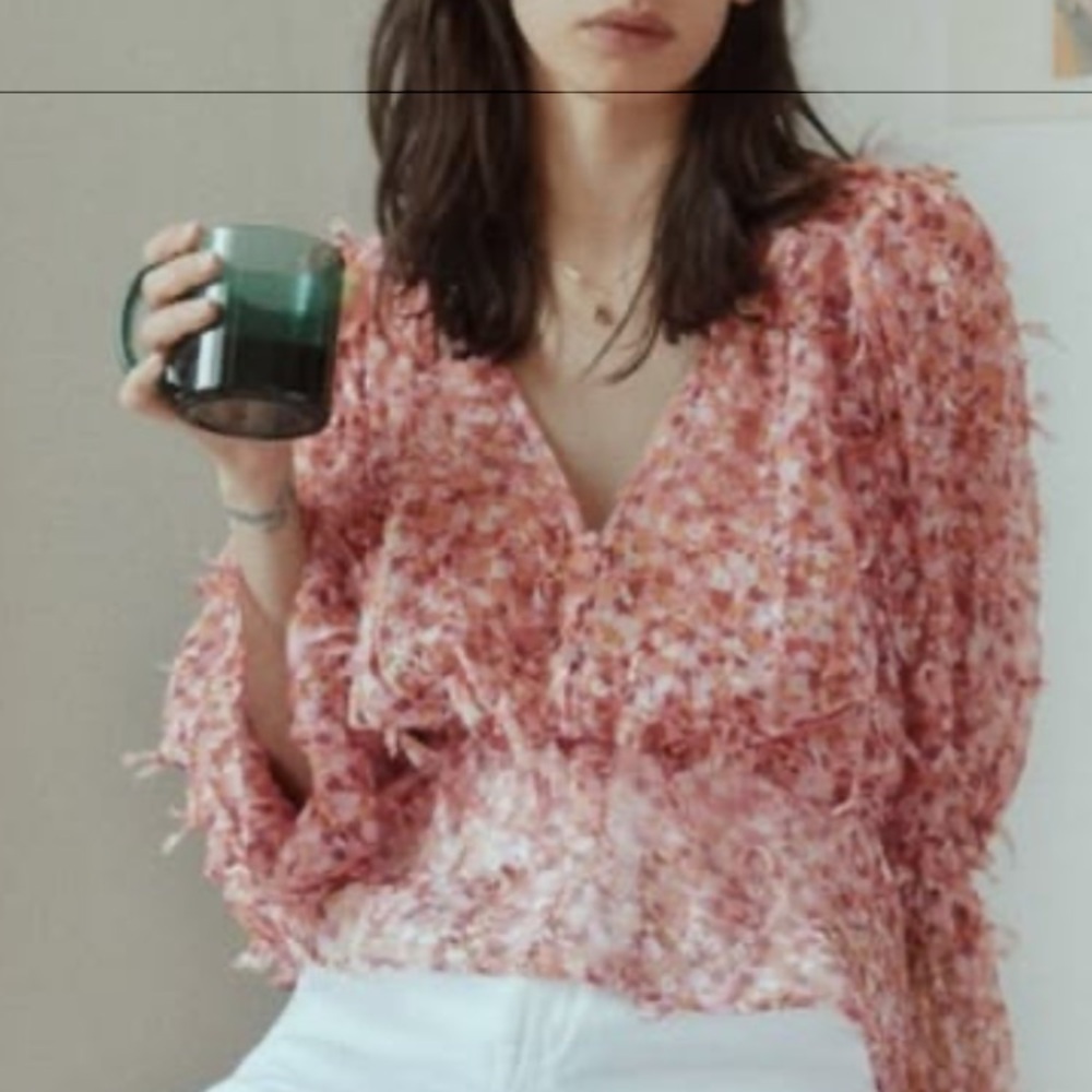 🆕 ZARA Pink Fringe Textured Confetti Button Chiffon Blouse Resort Luxury NWT